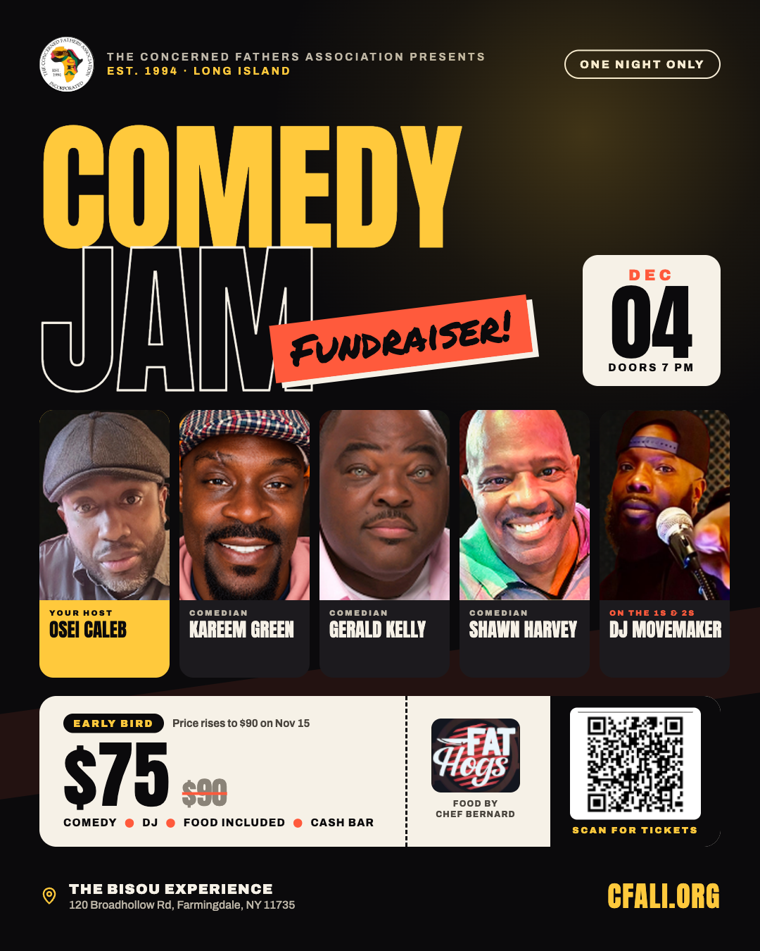 CFA Comedy Jam Fundraiser flyer — Dec 4 at The Bisou Experience