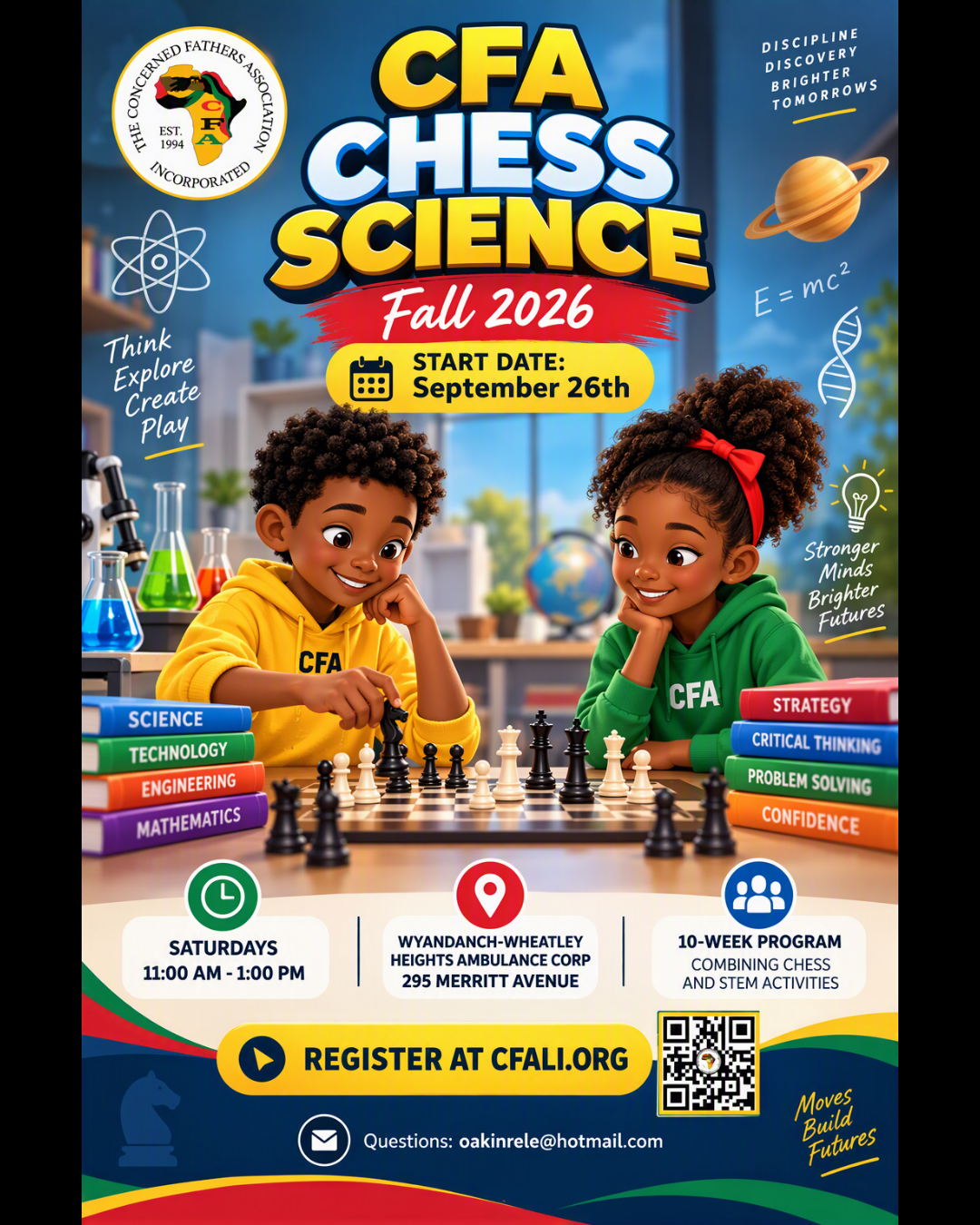 CFA Chess & Science Fall 2026 flyer: Saturdays 11 AM–1 PM at Wyandanch-Wheatley Heights Ambulance Corp, 295 Merritt Avenue